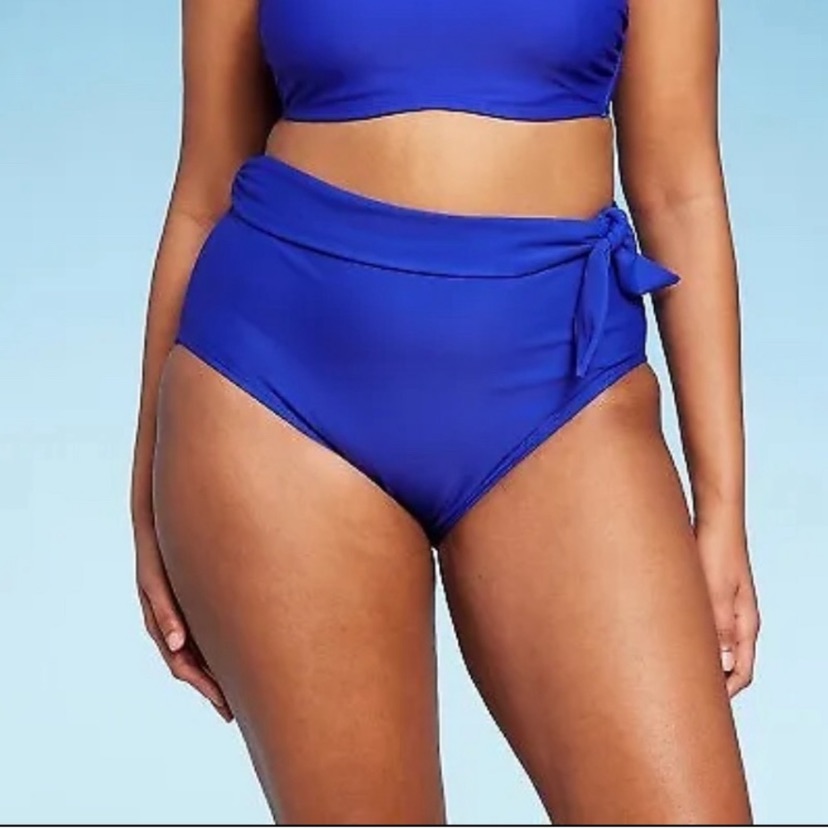 Kona Sol Women's Tie Waist High Waisted Bikini Bottom Cobalt Blue New